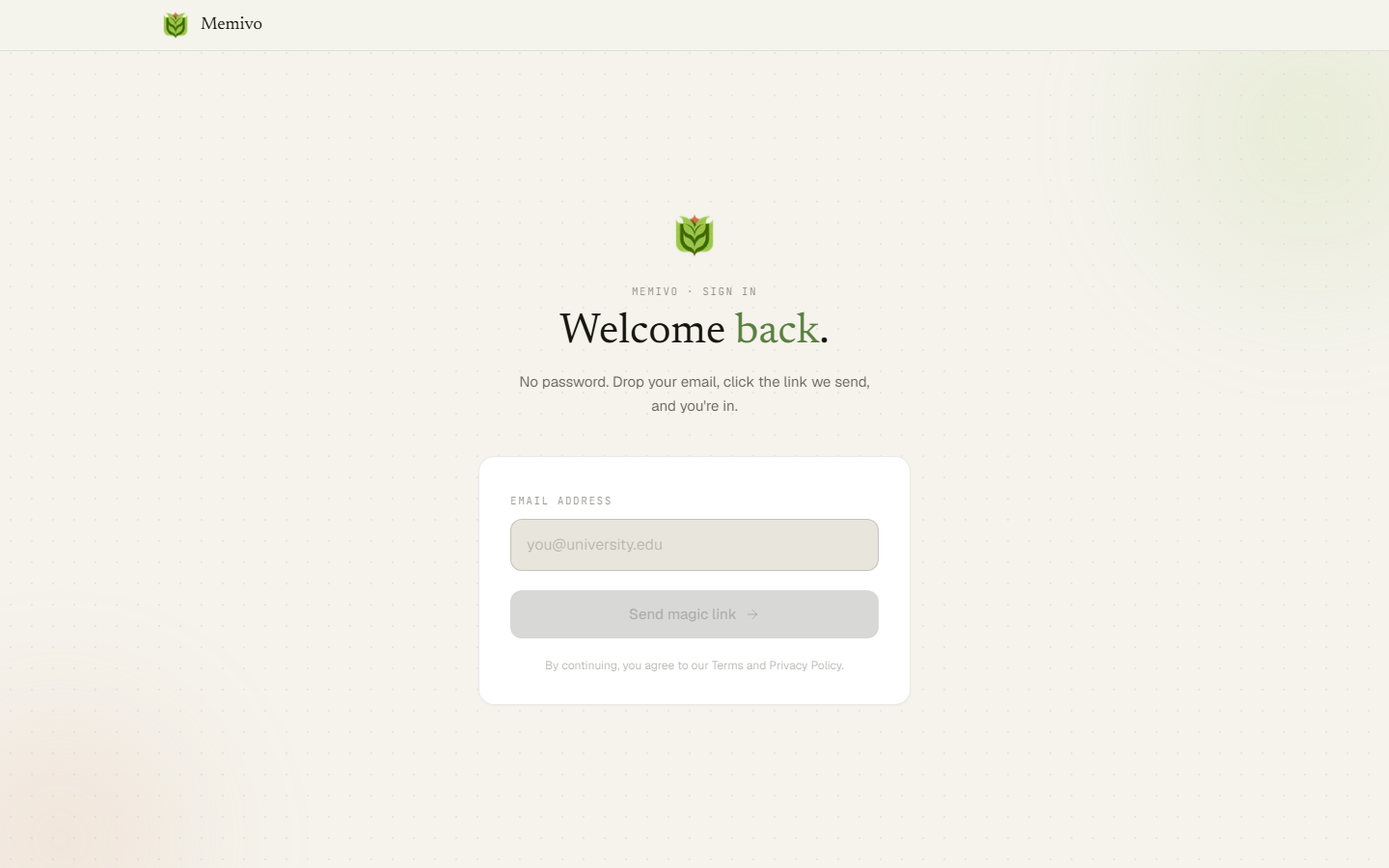 Memivo login screen — clean, minimal design with magic link auth