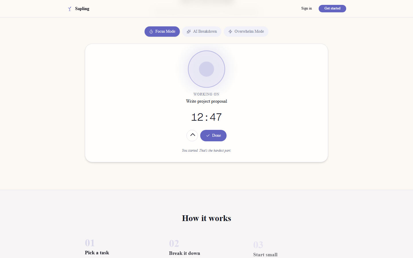 Sapling focus mode — breathing ring timer, AI task breakdown