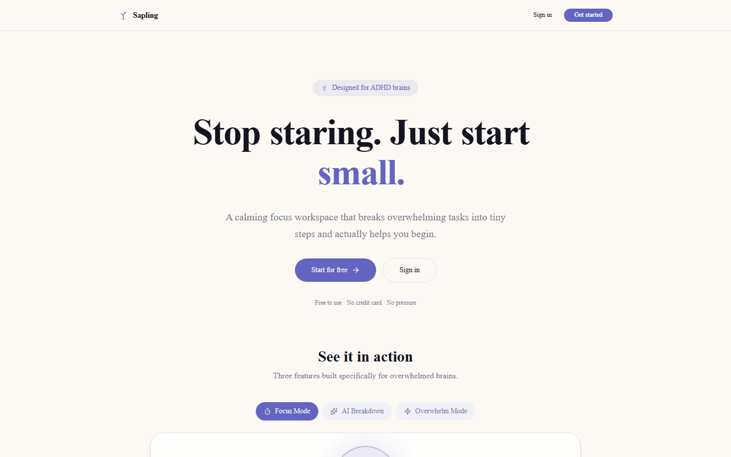 Sapling landing page — Stop staring. Just start small.